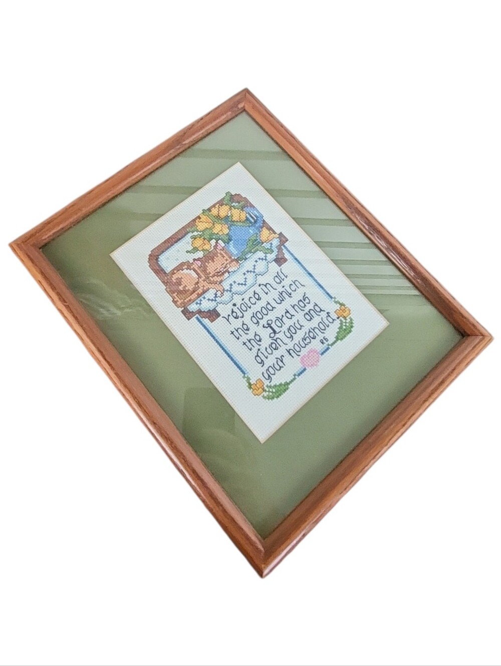 Vintage Handmade Cross Stitch Kitty Cat On A Shelf Cottagecore Framed Art